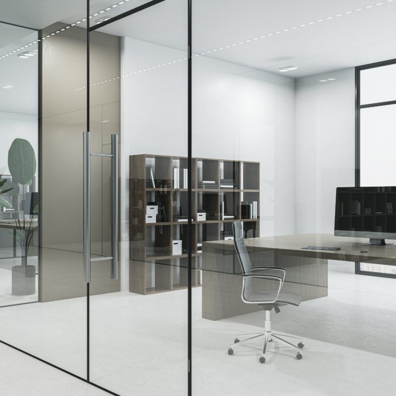 Clean glass office corridor with furniture and concrete flooring. 3D Rendering