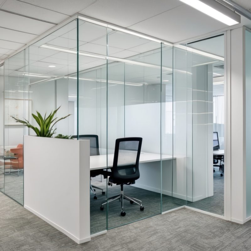 A modern glass office space designed for meetings and collaboration