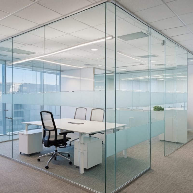 A modern glass office space designed for meetings and collaboration