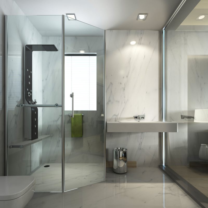 Transparent glass bathroom with shower and WC in contemporary style contemporary. 3D render.